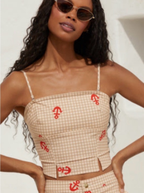 Anthropologie Tops - NWT size S Anthropologie Beige Gingham Crop Top with Red Anchor Print